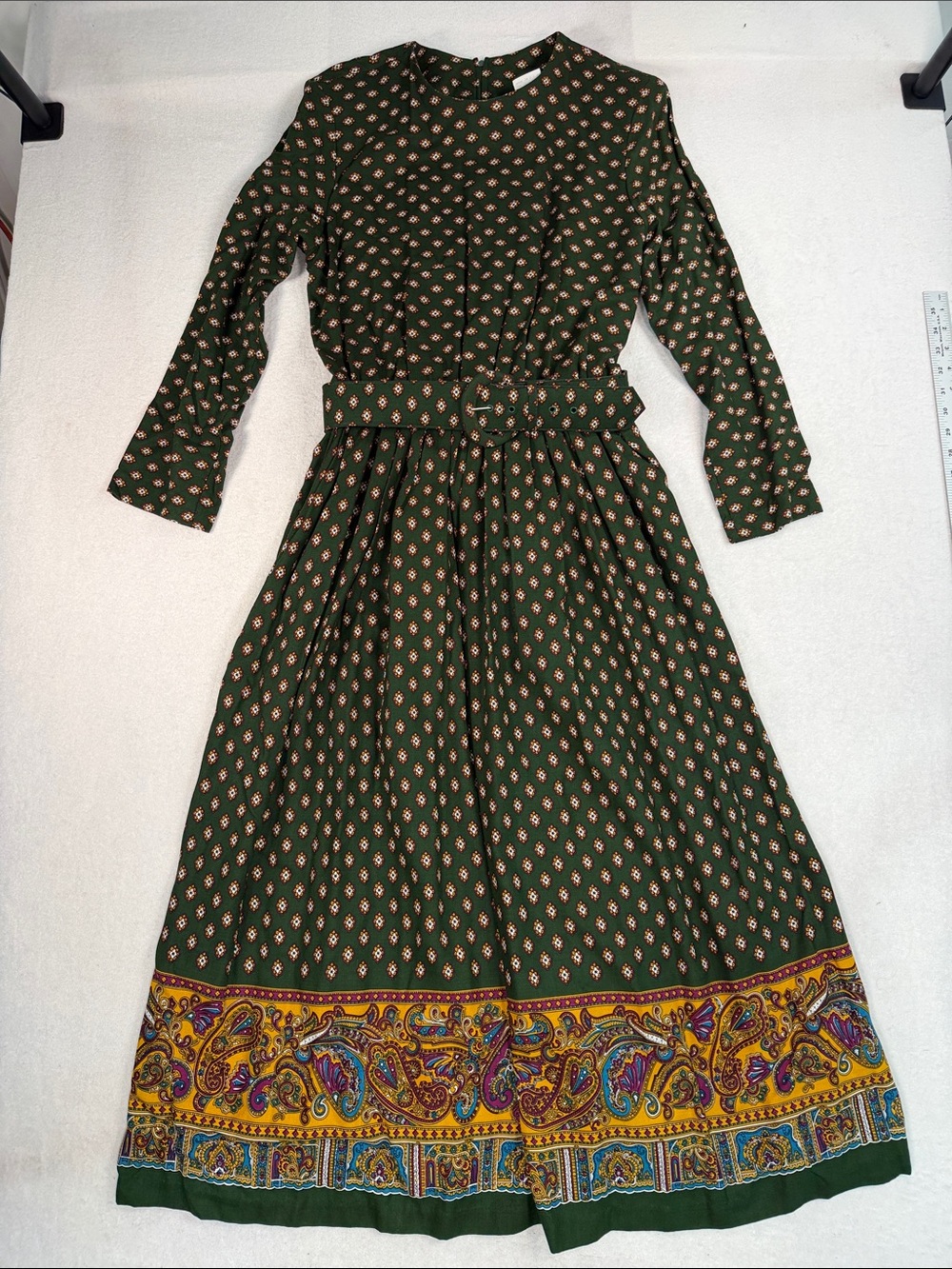 VTG Bedford Fair Hunter Green Floral Maxi Dress Rayon Border Print Boho 10
